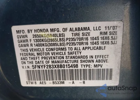 2008 Honda Pilot Se z USA, uszkodzony, nr VIN 5FNYF283X8B015498